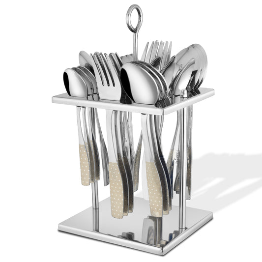 25-Piece Stainless Steel Cutlery Set | Stand & Laser Printed Handles - Spoons & Forks for Home & Kitchen, Sapphire Dazzle