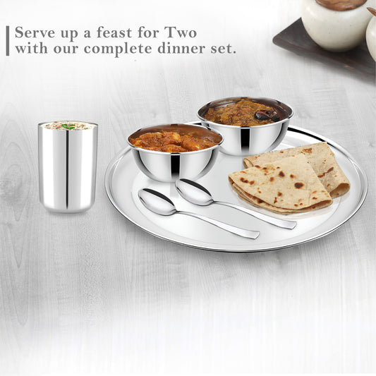 12pc Stainless Steel Dinner Set | Heavy Gauge Thali | Serves 2 | Sanskrit Plain Design