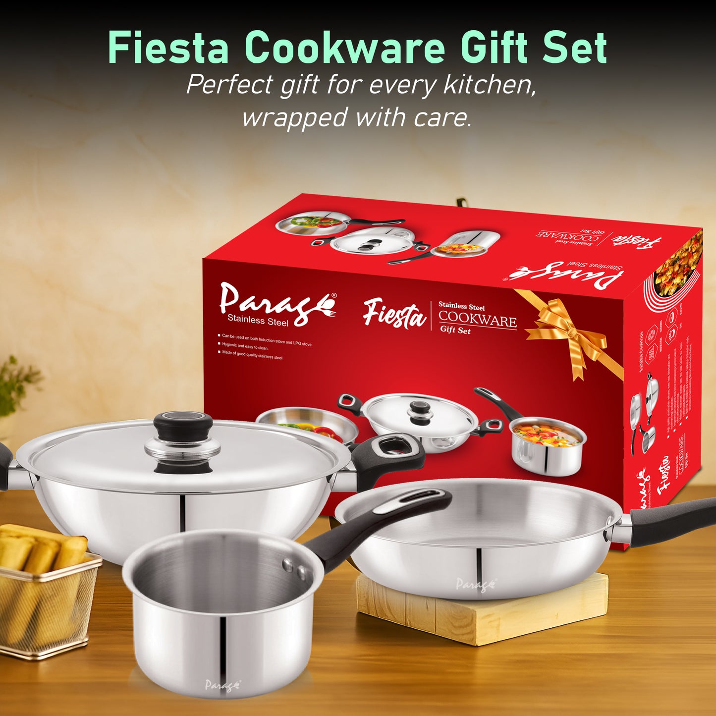 Fiesta Stainless Steel Cookware Set | Kadai, Fry Pan, Sauce Pan | Induction & Gas Compatible