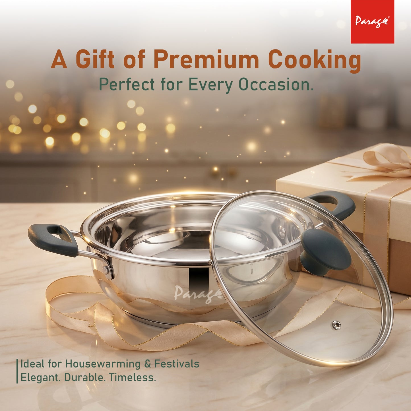 Stainless Steel Kadhai with Glass Lid, 2200ml, Induction & Gas Compatible, Heavy Bottom Steel Kadai, 24cm Deep Fry Pan for Curry, Sabzi & Daily Cooking