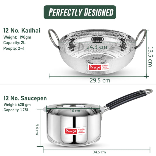 2-Piece Stainless Steel Hammered Kadhai & Saucepan Set | Heavy Bottom for Cooking & Deep Frying, Gas Stove Friendly, 2L & 1.75L (Silver)