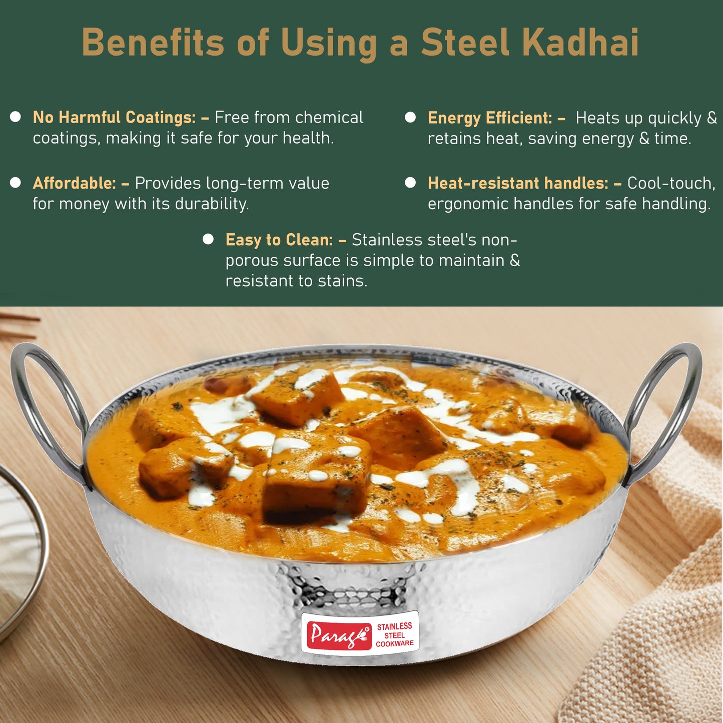 1-Piece Stainless Steel Hammered Kadhai | 1.2L Heavy Bottom for Cooking & Deep Frying, Gas Stove Friendly (Silver)