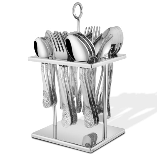 25-Piece Premium Stainless Steel Cutlery Set | Includes Spoons & Forks, Stand for Dining Table, Home & Gifting - Sapphire Imperial