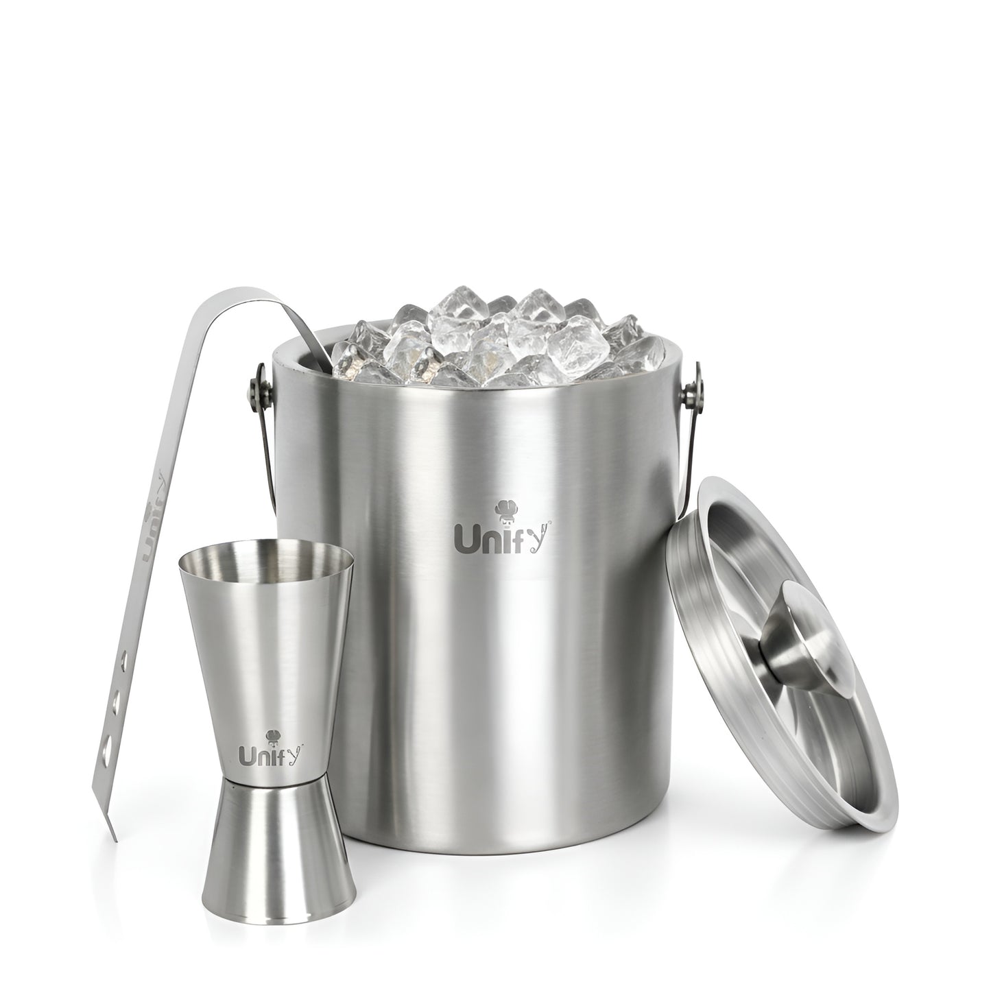 3 Pieces Stainless Steel Double Wall Ice Bucket Set (1 Litre) with Lid, Ice Tongs & 30/60 ml Peg Measurer | Insulated Ice Bucket for Home Bar, Parties & Cocktails, Bar Accessories