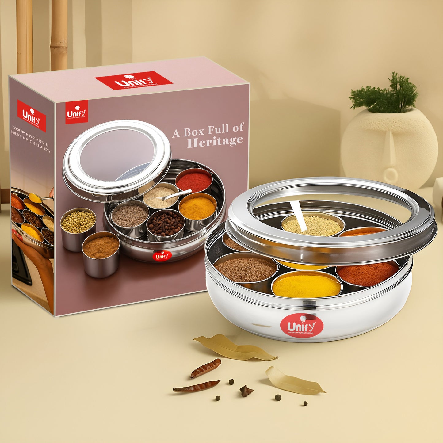 Stainless Steel Masala Box | Airtight Spice Dabba with 7 Containers & Lid (1200 ml, Silver)