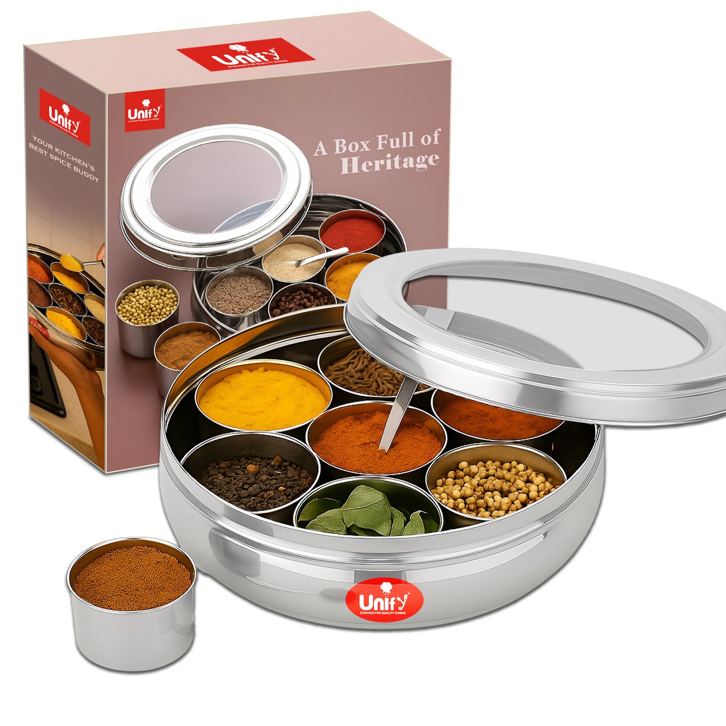12 Inch Stainless Steel Masala Dabba | 1500ml Airtight Spice Box with 7 Containers & Lid, Silver