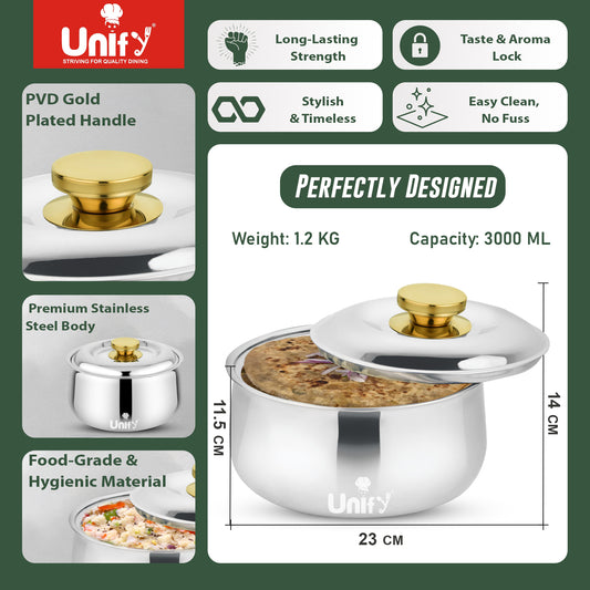 Metra Stainless Steel Insulated Casserole 3000ml | PVD Gold Handle Hot Pot | Keeps Food Hot & Fresh