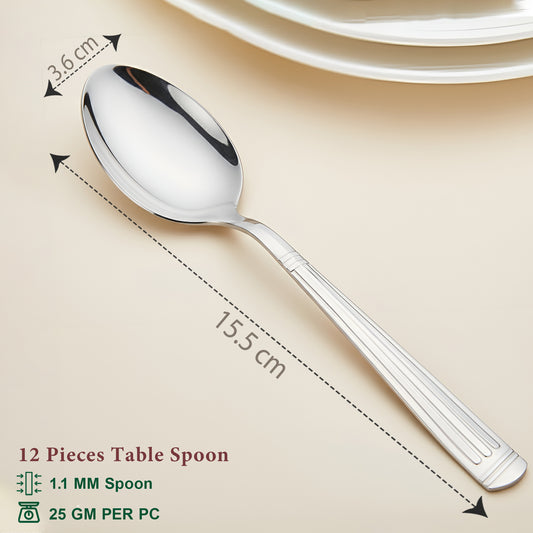 12 Pcs Stainless Steel Dinner Spoon Set | 15.5 cm Table Spoons Silver