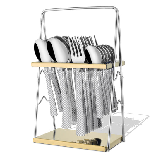 25-Piece Chess Design Premium Stainless Steel Cutlery Set with Stand – Forks, Spoons & Tea Spoons for Elegant Dining Table