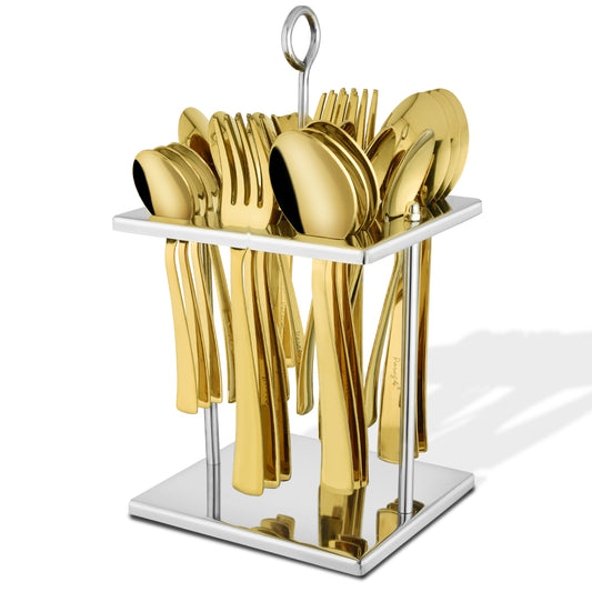 25-Piece PVD Gold Luxury Stainless Steel Cutlery Set | Stand Included - Spoons & Forks for Home, Dining & Gifting, Sapphire Golden
