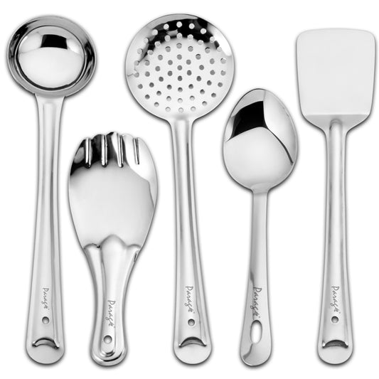 5-Piece Stainless Steel Kitchen Tools Set | Includes Ladle, Skimmer, Turner, Basting Spoon, Rice Spoon, Silver Finish