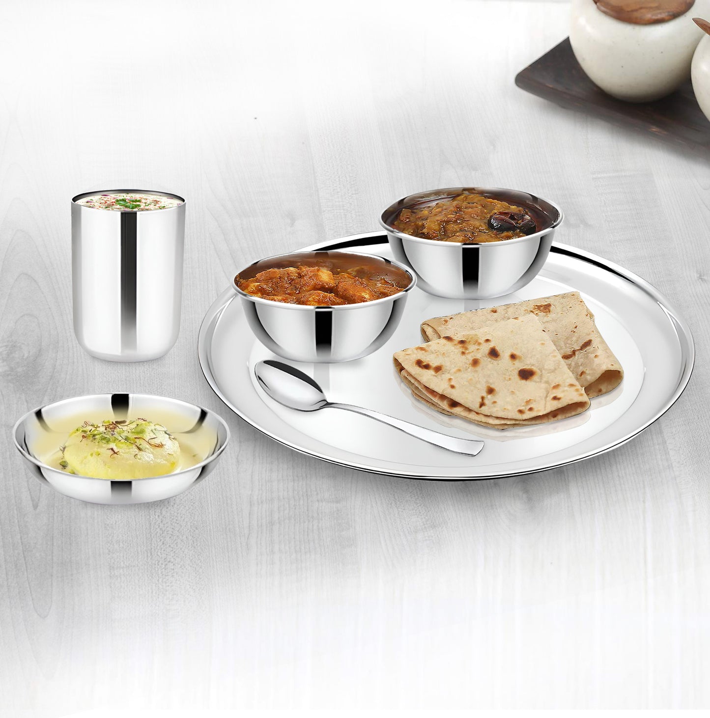 6pc Stainless Steel Dinner Set | Thali Heavy Gauge | Silver