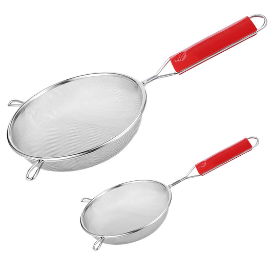 2-Piece Stainless Steel Soup & Juice Strainer Set | 11cm & 16cm Kitchen Liquid Filters, Large Soup Chalni with Red Handle for Rice & Juice