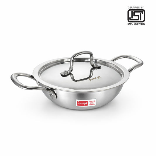 Triply Kadai with Lid | 22cm, 1.5L | Stainless Steel | Silver