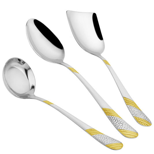 3-Piece Stainless Steel Gold Serving Spoon Set | Heavy Gauge 1.8mm, 1 Soup, 1 Solid & 1 Rice Spoon (24K Gold, Pack of 3)