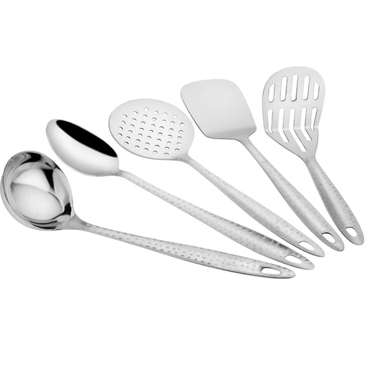 5-Piece Stainless Steel Hammered Kitchen Tool Set | 13” Spoons, Ladle, Skimmer, Turner, Spatula & Potato Masher