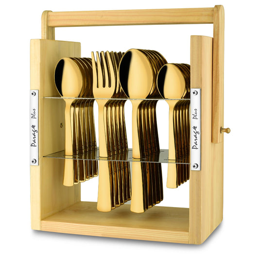 25-Piece Stainless Steel Cutlery Set with Wooden Stand, PVD Gold, and Hanging Shelves