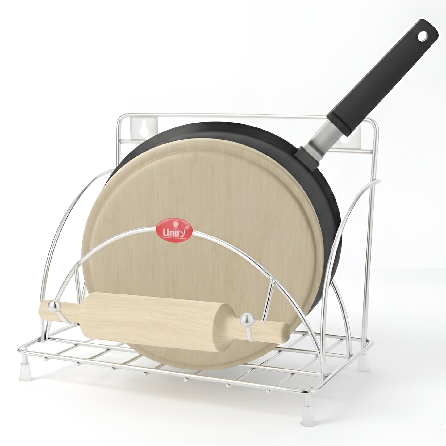 Stainless Steel Round Chakla Belan Tawa Stand | Rolling Pin & Board Holder, Corner Shelf (Silver)