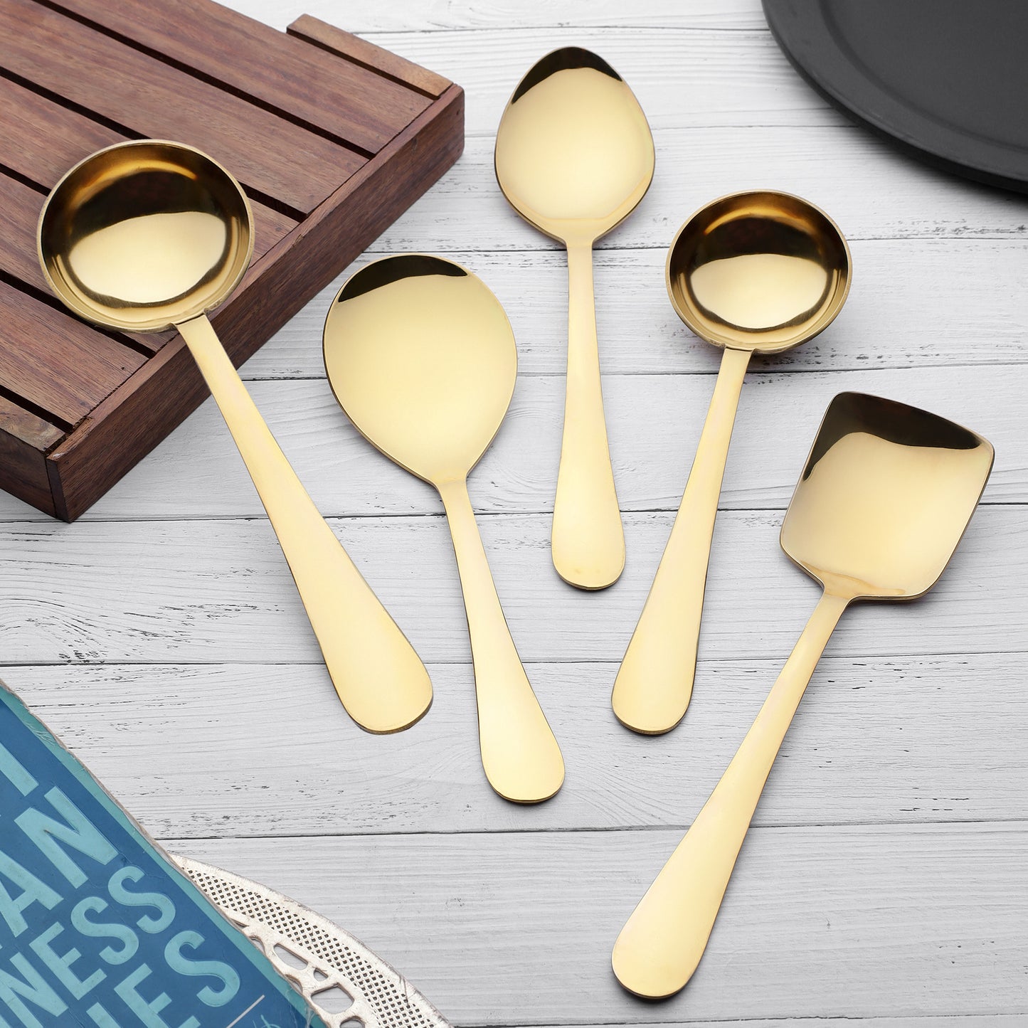 5-Piece Stainless Steel Gold Serving Spoon Set | Heavy Gauge 1.8mm, 1 Soup, 1 Solid, 1 Basting & 2 Rice Spoons