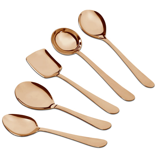 5-Piece Stainless Steel Rose Gold Serving Spoon Set | 1.8mm Heavy Gauge, 1 Soup, 1 Solid, 1 Rice & 2 Basting Spoons