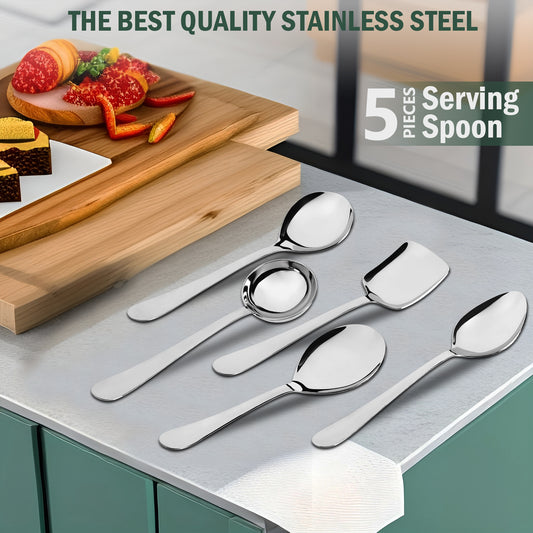 5-Piece Stainless Steel Serving Spoon Set | Heavy Gauge 1.8mm, 1 Soup, 1 Solid, 1 Rice & 2 Basting Spoons (Silver)