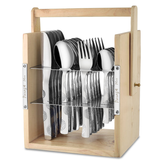 25-Piece Moonpress Stainless Steel Cutlery Set with Wooden Stand – Includes Forks, Spoons, Knives & Tea Spoons for Stylish Dining