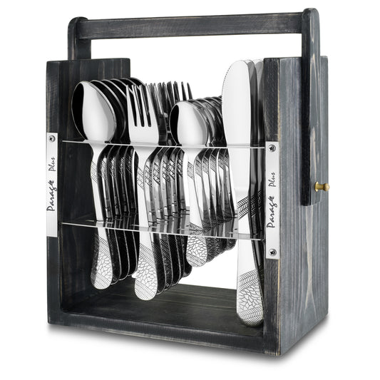 25-Piece Stainless Steel Imperial Cutlery Set | Includes 6 Tea Spoons, 6 Table Spoons, 6 Table Forks, 6 Knives - Stylish Wooden Dining Set