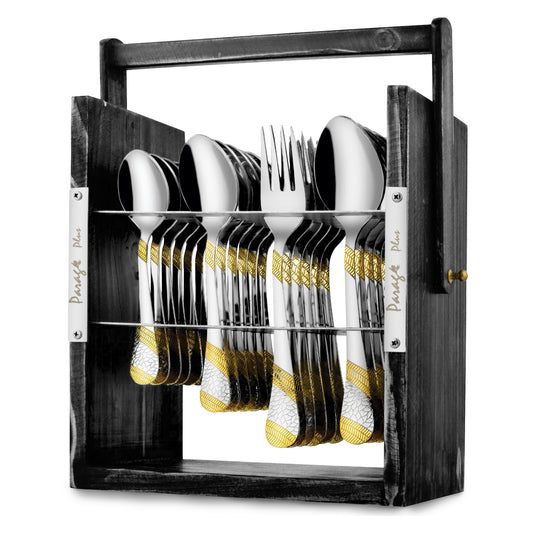 25-Piece Stainless Steel Imperial Cutlery Set with Wooden Stand | 24k Gold Plated Spoons & Forks