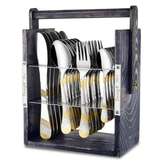 25-Piece Imperial Stainless Steel Cutlery Set with Wooden Stand – 6 Forks, 6 Spoons, 6 Knives & 24K Gold Plated Tea Spoons