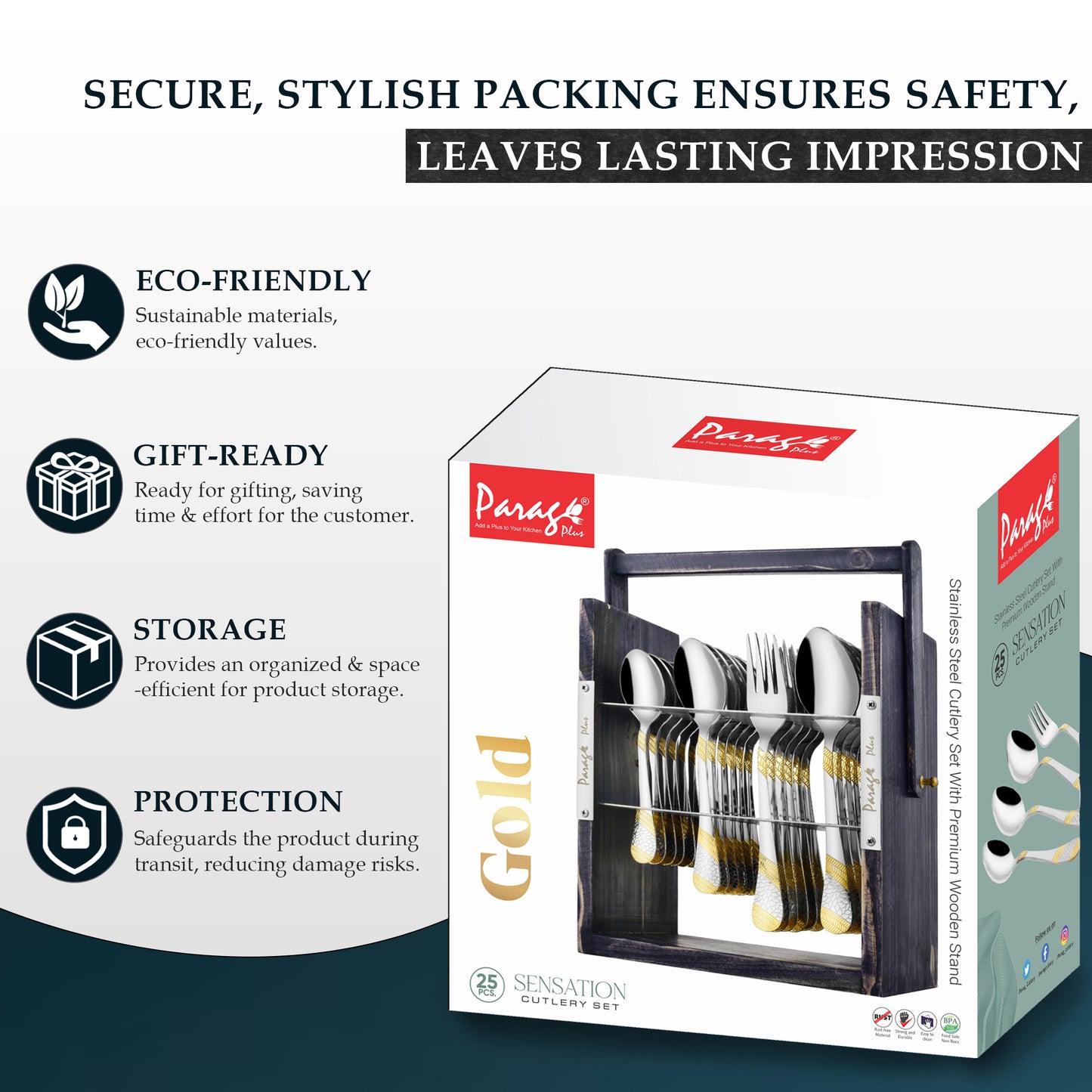 25-Piece Stainless Steel Imperial Cutlery Set with Wooden Stand | 24k Gold Plated Spoons & Forks