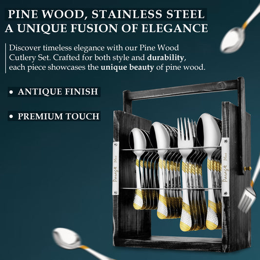 25-Piece Stainless Steel Imperial Cutlery Set with Wooden Stand | 24k Gold Plated Spoons & Forks