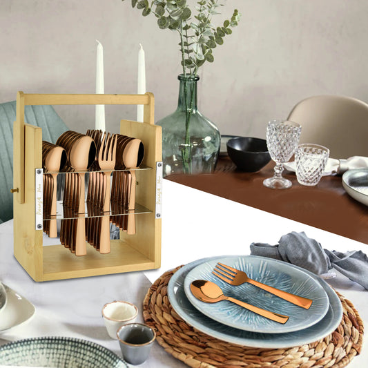 25-Piece Stainless Steel Cutlery Set with Wooden Stand, Premium Rose Gold Spoon Set
