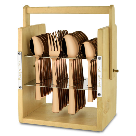 25-Piece Stainless Steel Cutlery Set with Wooden Stand, Premium Rose Gold Spoon Set