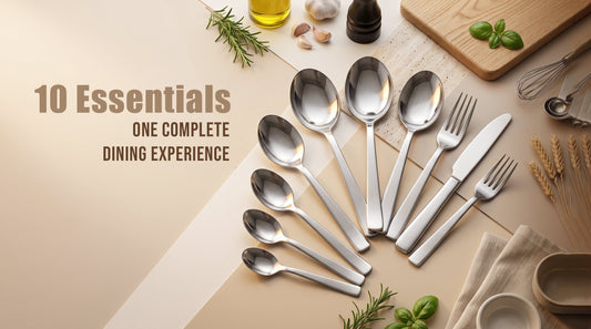Top 10 must-have stainless steel cutlery items including dinner spoons, forks, knives, and serving tools.