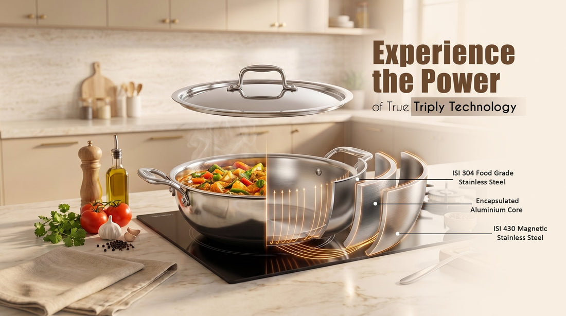 Triply stainless steel pots and pans for efficient cooking, long-lasting performance, and modern kitchen essentials.