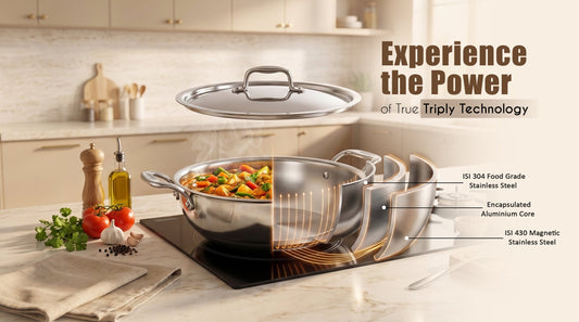 Triply stainless steel pots and pans for efficient cooking, long-lasting performance, and modern kitchen essentials.