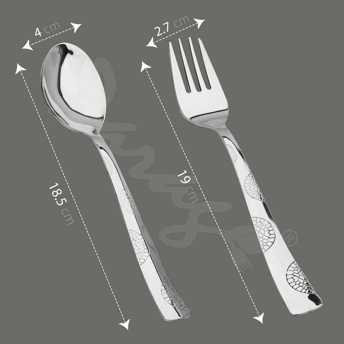 12pc Stainless Steel Cutlery | 19cm Moonpress Spoons & Forks | Silver