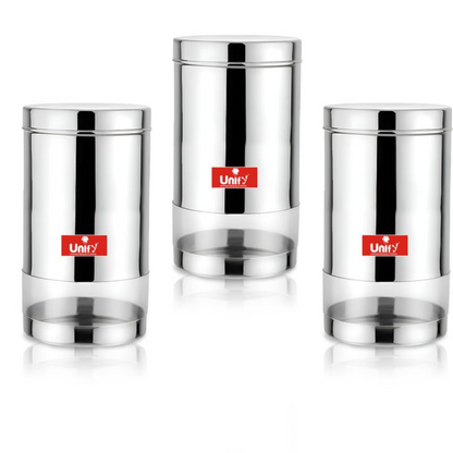 3-Piece Stainless Steel Container Set | 900ML Airtight Jars for Home & Kitchen - Ideal for Spices, Food Grains, Nuts, Glossy Finish