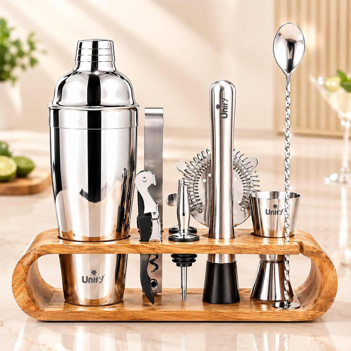 Unify 10-Piece Bartender Kit with Mango Wooden Stand|Cocktail Shaker Set with Jigger, Strainer,Spoon, Muddler, 2 Pourers, Corkscrew & Ice Tongs|Home Bar Accessories for Mixing Drinks|Silver