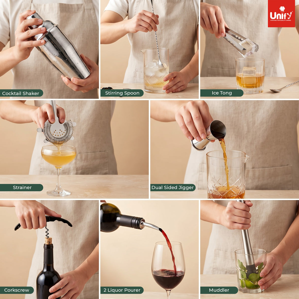 Unify 10-Piece Bartender Kit with Mango Wooden Stand|Cocktail Shaker Set with Jigger, Strainer,Spoon, Muddler, 2 Pourers, Corkscrew & Ice Tongs|Home Bar Accessories for Mixing Drinks|Silver