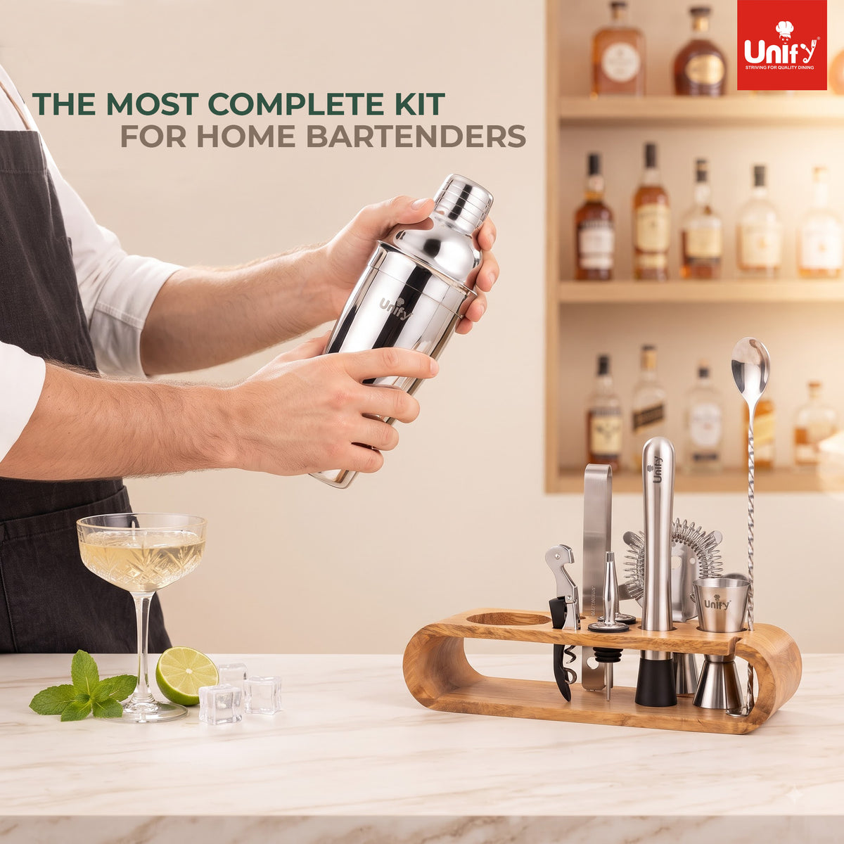 Unify 10-Piece Bartender Kit with Mango Wooden Stand|Cocktail Shaker Set with Jigger, Strainer,Spoon, Muddler, 2 Pourers, Corkscrew & Ice Tongs|Home Bar Accessories for Mixing Drinks|Silver