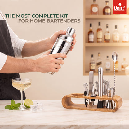 Unify 10-Piece Bartender Kit with Mango Wooden Stand|Cocktail Shaker Set with Jigger, Strainer,Spoon, Muddler, 2 Pourers, Corkscrew & Ice Tongs|Home Bar Accessories for Mixing Drinks|Silver