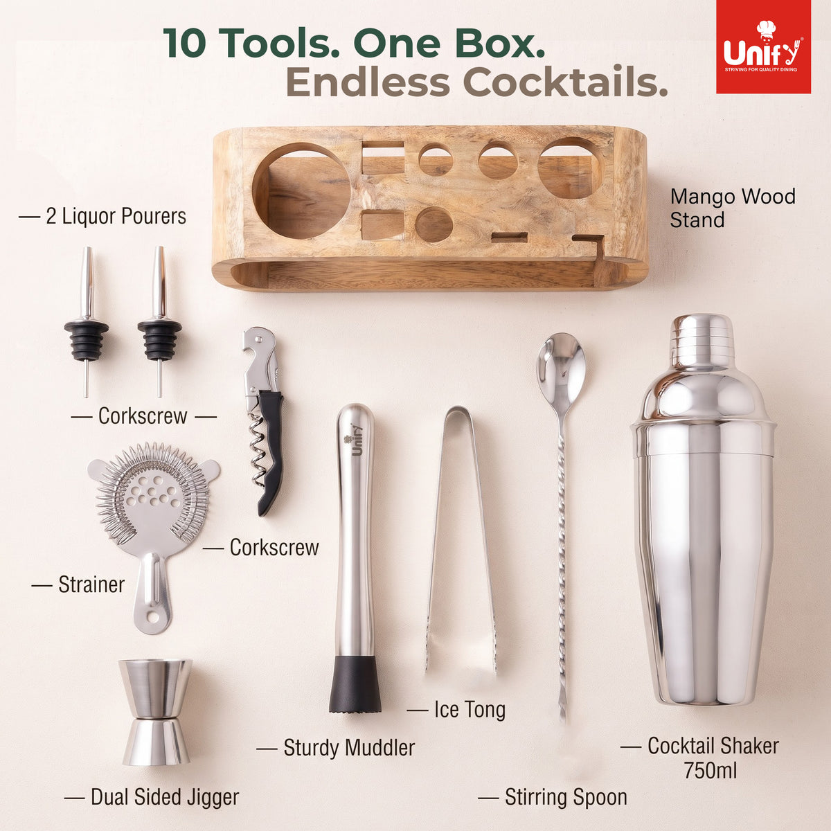Unify 10-Piece Bartender Kit with Mango Wooden Stand|Cocktail Shaker Set with Jigger, Strainer,Spoon, Muddler, 2 Pourers, Corkscrew & Ice Tongs|Home Bar Accessories for Mixing Drinks|Silver