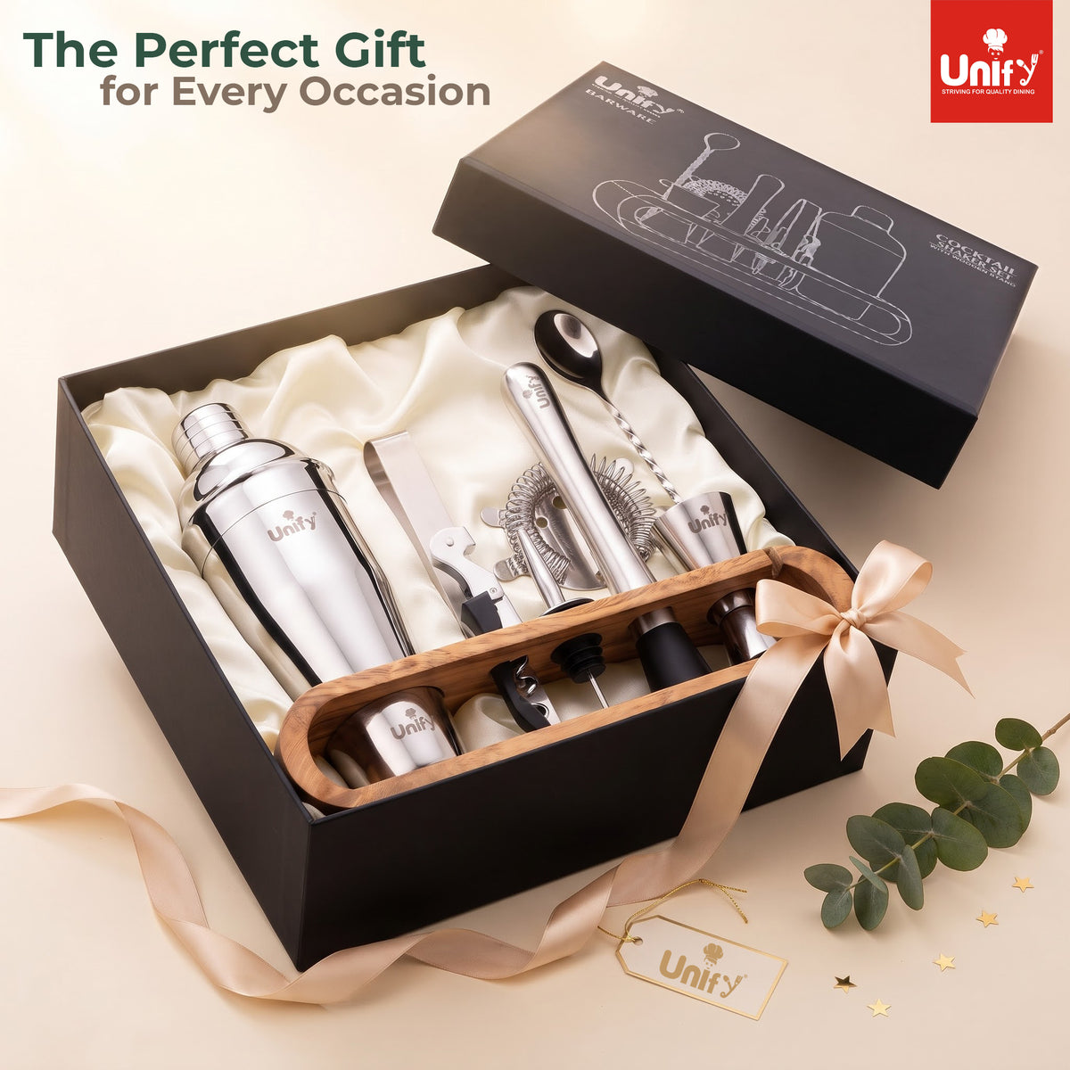 Unify 10-Piece Bartender Kit with Mango Wooden Stand|Cocktail Shaker Set with Jigger, Strainer,Spoon, Muddler, 2 Pourers, Corkscrew & Ice Tongs|Home Bar Accessories for Mixing Drinks|Silver