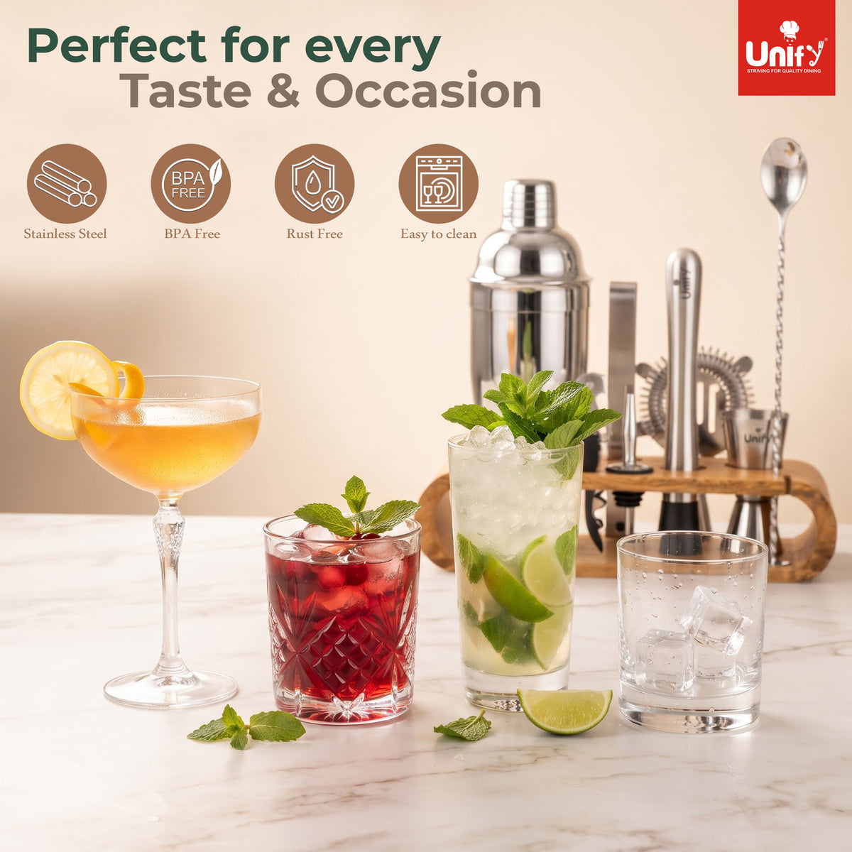 Unify 10-Piece Bartender Kit with Mango Wooden Stand|Cocktail Shaker Set with Jigger, Strainer,Spoon, Muddler, 2 Pourers, Corkscrew & Ice Tongs|Home Bar Accessories for Mixing Drinks|Silver