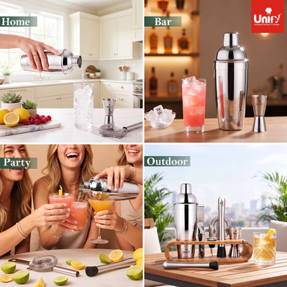 Unify 10-Piece Bartender Kit with Mango Wooden Stand|Cocktail Shaker Set with Jigger, Strainer,Spoon, Muddler, 2 Pourers, Corkscrew & Ice Tongs|Home Bar Accessories for Mixing Drinks|Silver