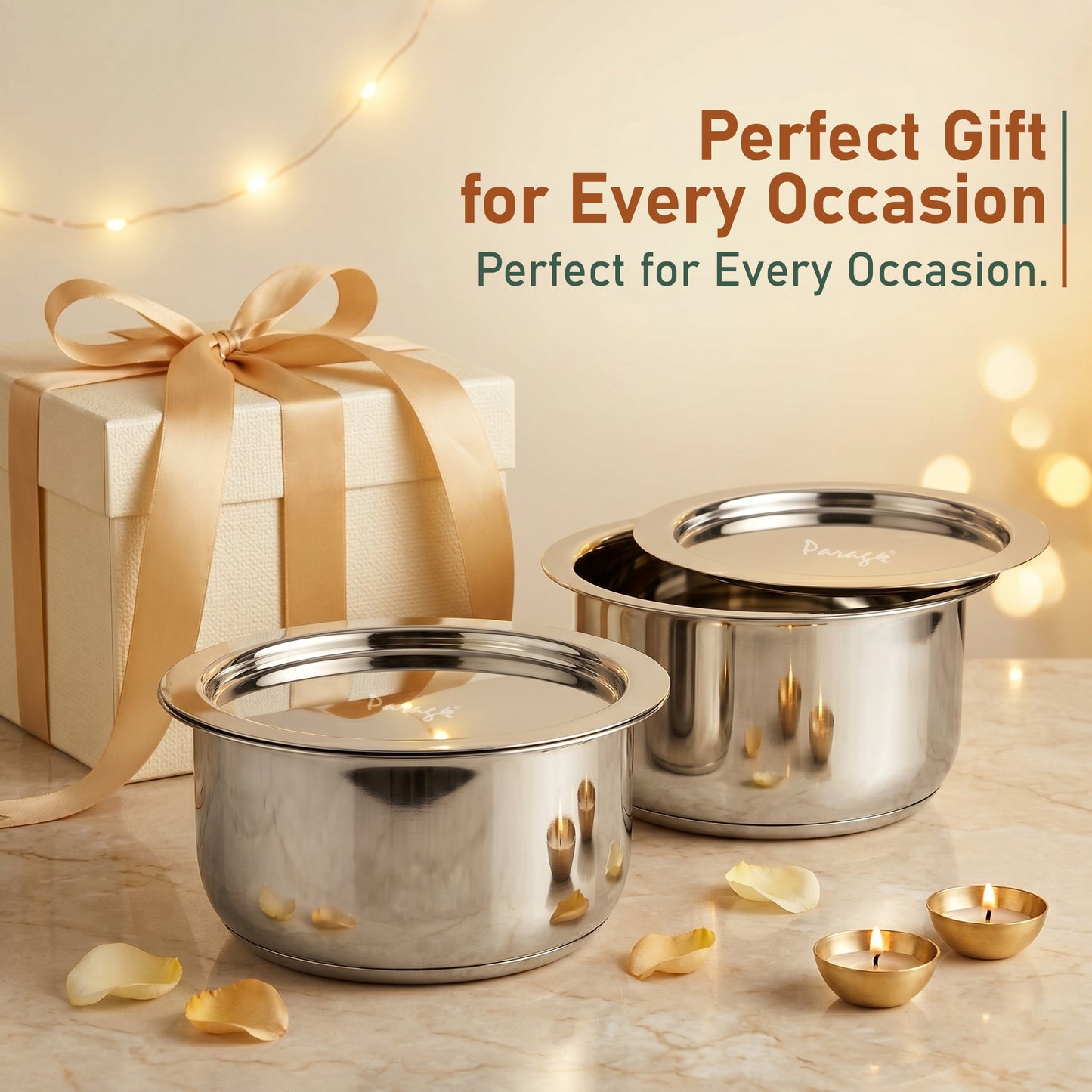 2 Pieces Tri-Bond Stainless Steel Tope Set with Lid, 1 L, 1.3 L, Tri-Ply Bottom Patila, Bhagona/Bhigona Set for Gas & Induction Compatible, Boiling Cooking Pots (Size No. 11, 12)
