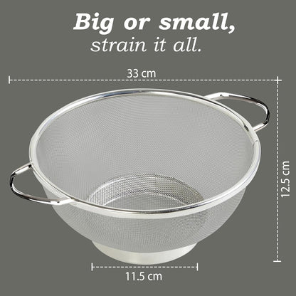 Stainless Steel Multipurpose Colander Basket for Washing Rice, Fruits, Vegetables, Grains, Strainer Drainer Bowl with Handle, Kitchen Gadgets, Diameter 28 cm (Size-11, Silver)