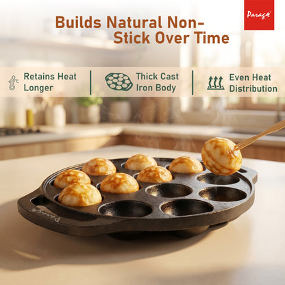 Cast Iron Appe Pan 12 Cavity | 2.05 Kg Heavy Weight Paniyaram Pan | Pre-Seasoned Appam Maker | Non-Toxic, Chemical Free Paddu Pan | Even Heating Cookware for Gas Stove 2 Years Warranty