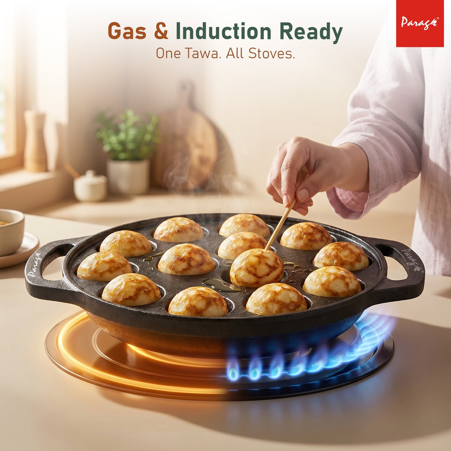 Cast Iron Appe Pan 12 Cavity | 2.05 Kg Heavy Weight Paniyaram Pan | Pre-Seasoned Appam Maker | Non-Toxic, Chemical Free Paddu Pan | Even Heating Cookware for Gas Stove 2 Years Warranty